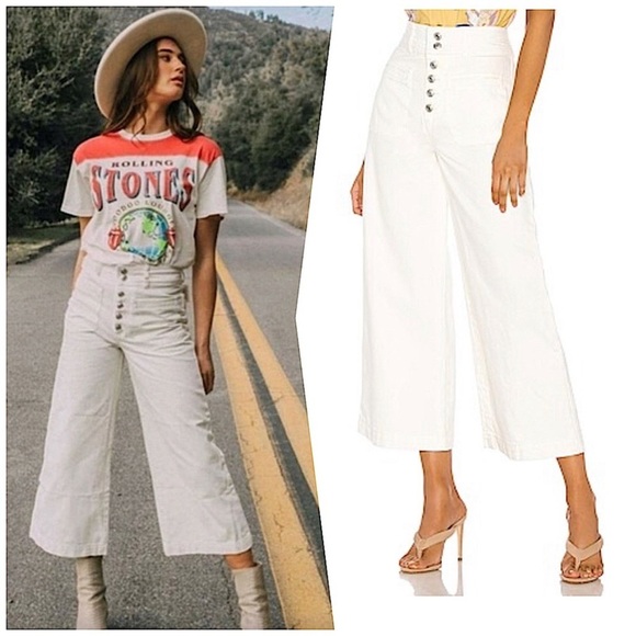 Free People Denim - FREE PEOPLE Colette Wide Leg Culottes button fly white cropped jeans size 30